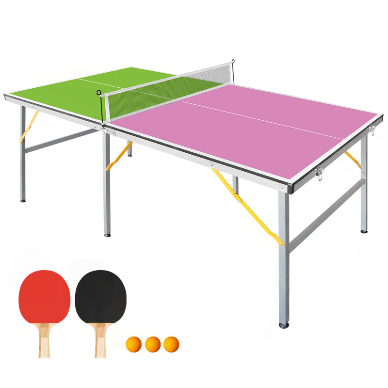 Table de ping-pong pliable et portative 6 pi - Ensemble de table de ping-pong de taille moyenne pour jouer à l'intérieur, comprenant un filet, 2 raquettes et 3 balles avec plateau vert et mauve