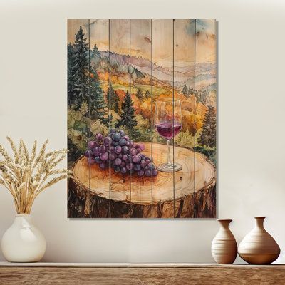 Vignoble avec verre de raisin en Provence IV - Décoration murale en bois de vigne - sur bois de pin naturel