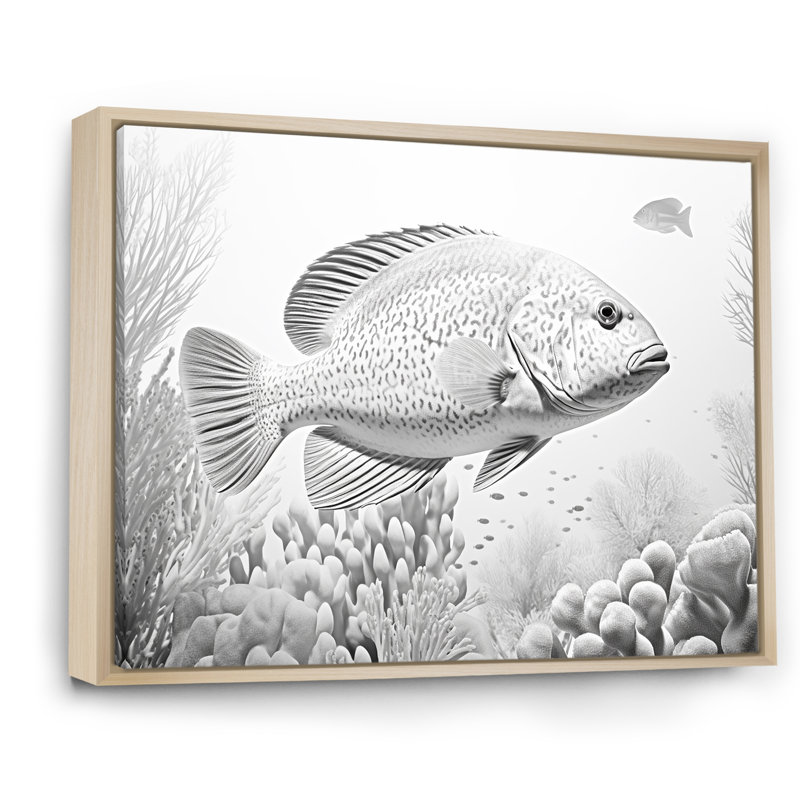 Monochromes de poissons gris et blancs sur toile, Cadre naturel flottant, H 30 po x l 40 po x P 1,5 po