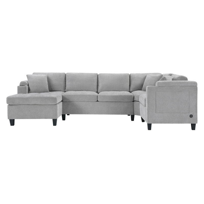 Windsor Modern U-Shaped Sectional Sofa with Built-in Storage and USB Ports, Light Gray Chenille