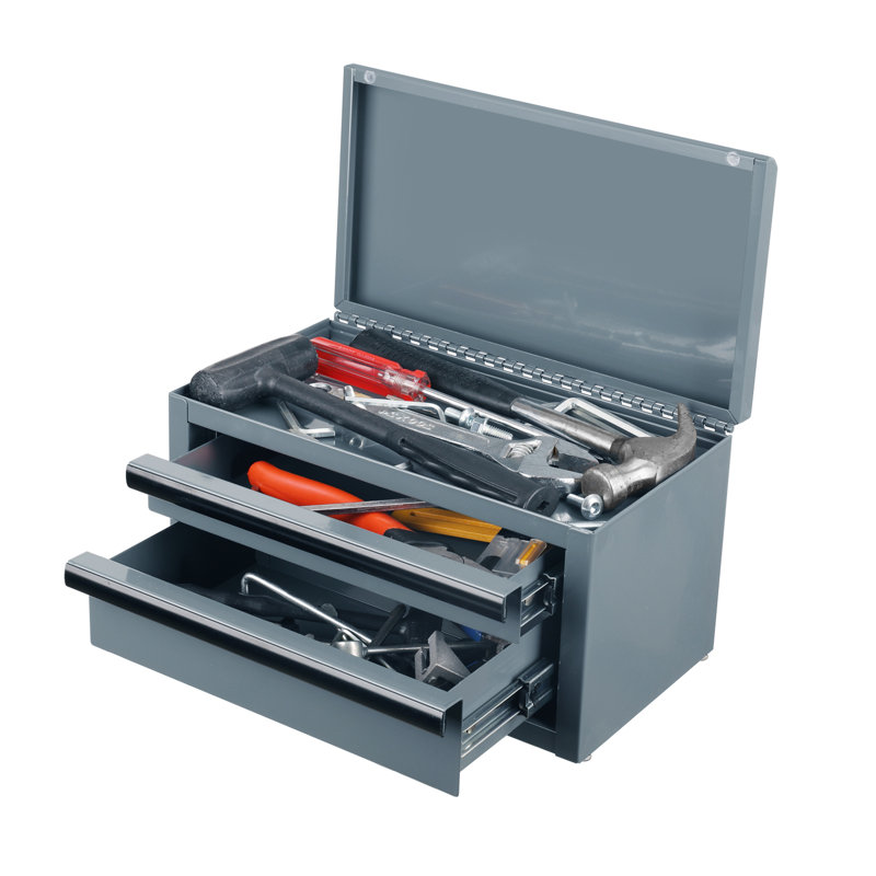 Mini boîte à outils en métal, coffre à outils supérieur contenant deux tiroirs et espace de rangement supérieur avec glissières à roulement à billes, patins en PP, petite boîte à outils en acier laminé à froid pour un rangement multifonctionnel