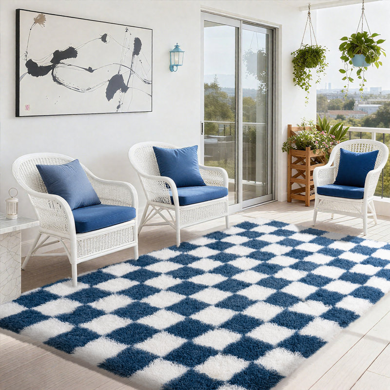 Tapis doux et antidérapant à rayures bleues et blanches, idéal pour le chevet, les chambres d'enfants et les salons., Bleu