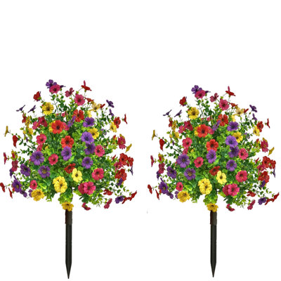 2 Pack 23" Artificial Flowers with Ground Spikes Artificial Shrubs Topiaries Plants 21.6'' for Outdoor Garden Porch Terrace Wedding Party Decoration