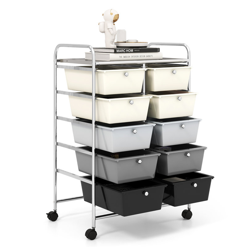 Milin 10 Drawer Storage Drawer with Locking Wheels, Gray/Black/White