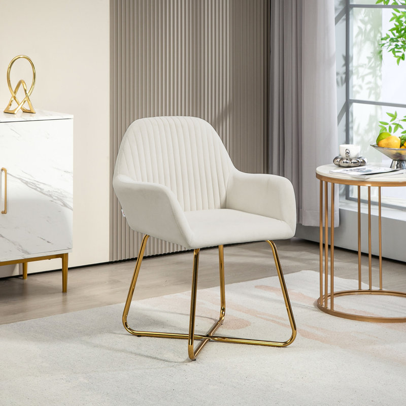 Modern Arm Chair Upholstered Accent Chair With Metal Base For Living Room, Gold, Cream