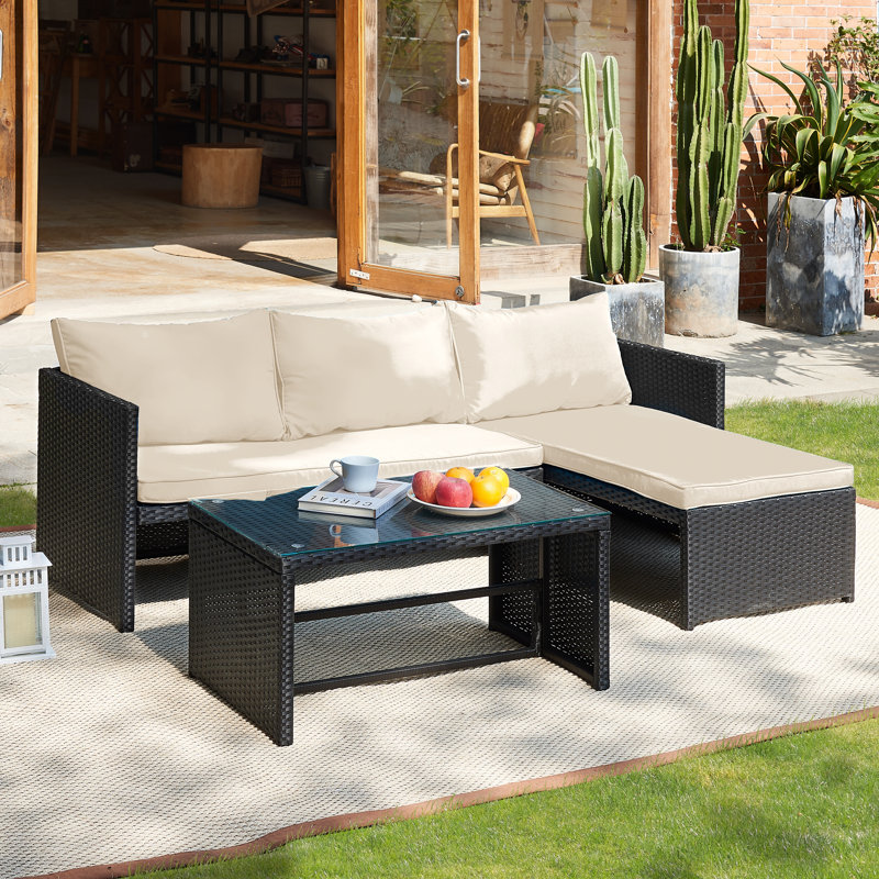 3 Piece Patio Conversation Sofa Seating Group With Cushions, Beige