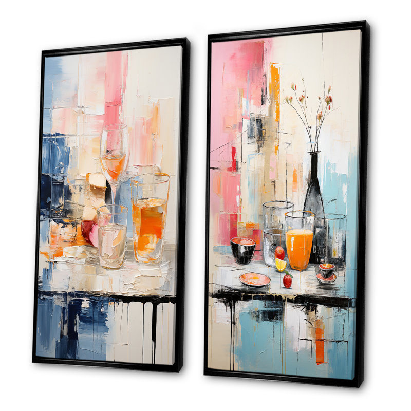 Abstraction alimentaire, ensemble de 2 reproductions d'art mural repas et pique-nique, H 40 po x l 41 po, Cadre noir