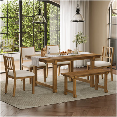 6-Piece Farmhouse Dining Set with Solid Wood Legs, Ergonomic Dual-Style Chairs, and Space-Saving Bench for Kitchen & Dining Room (Walnut+ Beige)