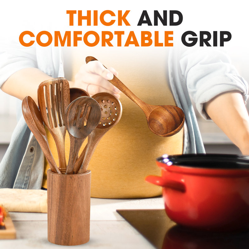 Deluxe 9-Piece Natural Wood Cooking Utensils Set with Holder