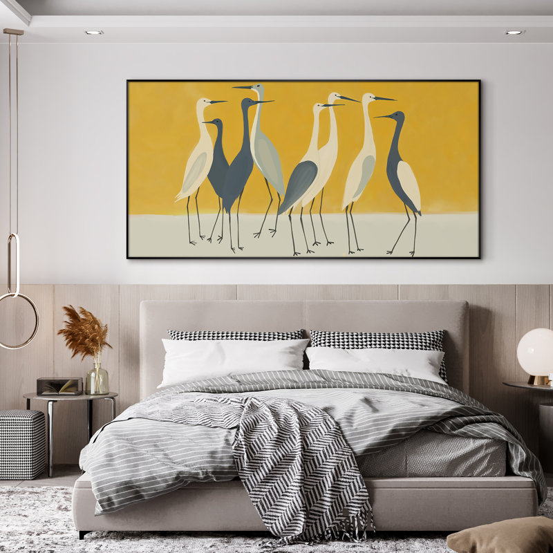 Très grande reproduction d'art sur toile - Illustration abstraite de silhouettes de grues minimalistes pour la décoration d'œuvres d'art dans le salon ou la chambre à coucher - «Assemblage requis du cadre (cadre non fini)»