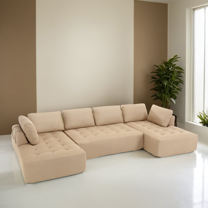 Canapé modulaire en U rembourré de 138,62 po avec méridienne pour salon, Polyester kaki