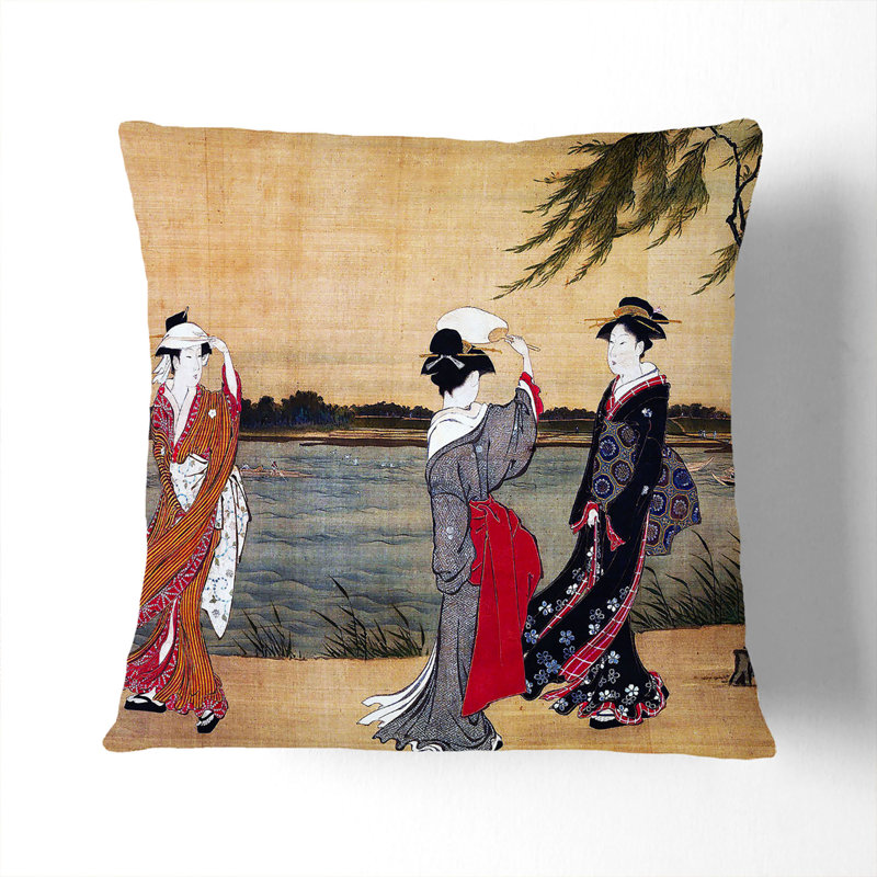 Three Girls on a Riverbank by Torii Kiyonaga Cushion with Filling, Stone, 40cm H x 40cm W x 15cm D
