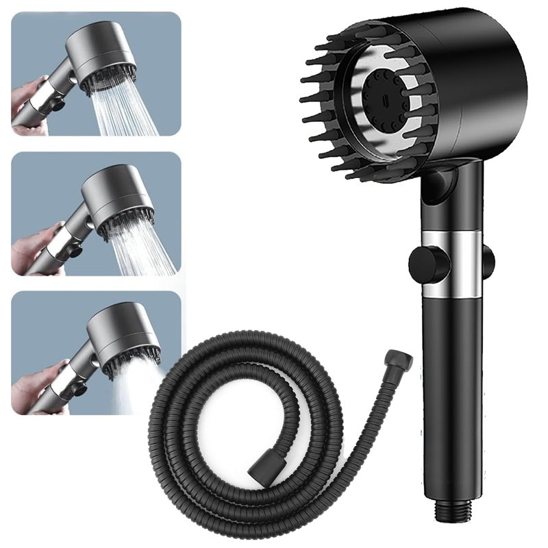 Shower Head with Filter, Handheld Massage Shower, 3+1 Spray Jet Modes High Pressure Shower Head, with Silicone Massage Brush for Showers Massages, Black
