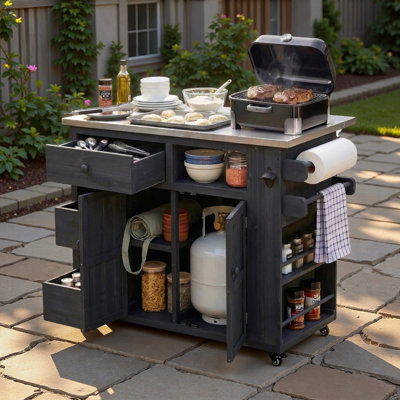 Outdoor Kitchen Island With Stainless Steel Top, Side Spice Rack, Drawers, Paper Rack, Towel Rack And Open Shelf