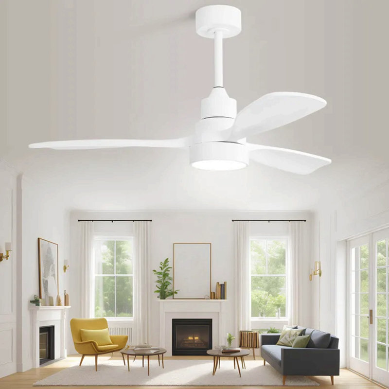 Ventilateur de plafond 48 pouces avec 3 pales en bois massif et télécommande, Blanc, Blanc