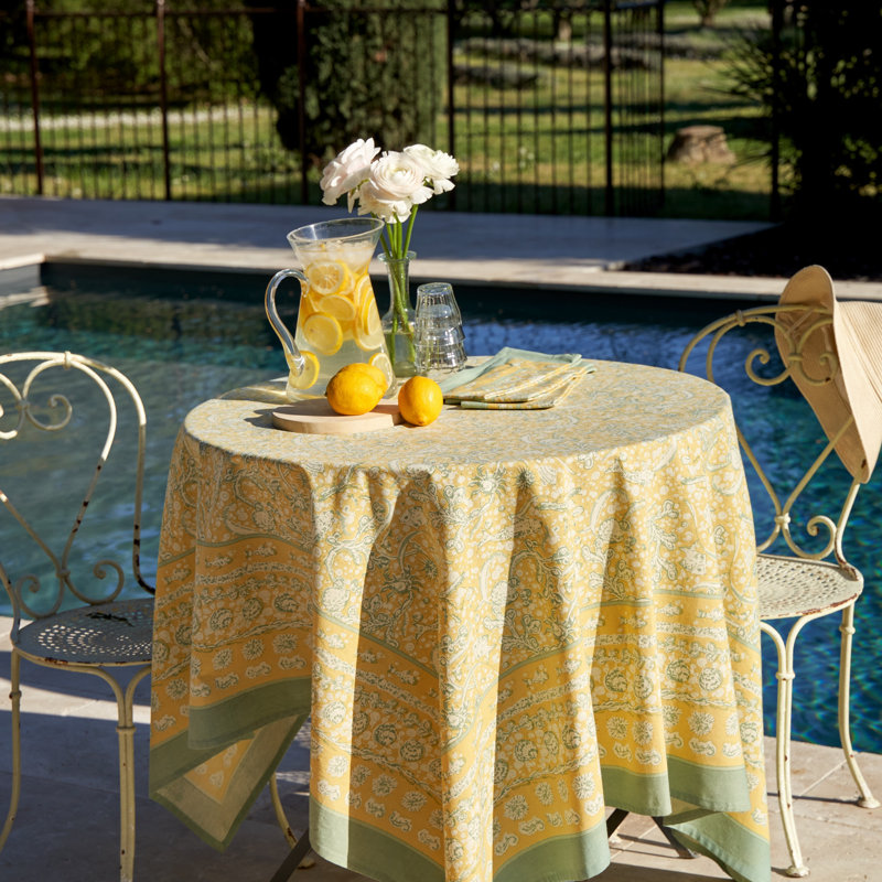 La Mer Handmade Floral Tablecloth, 90" Square, Yellow/Teal