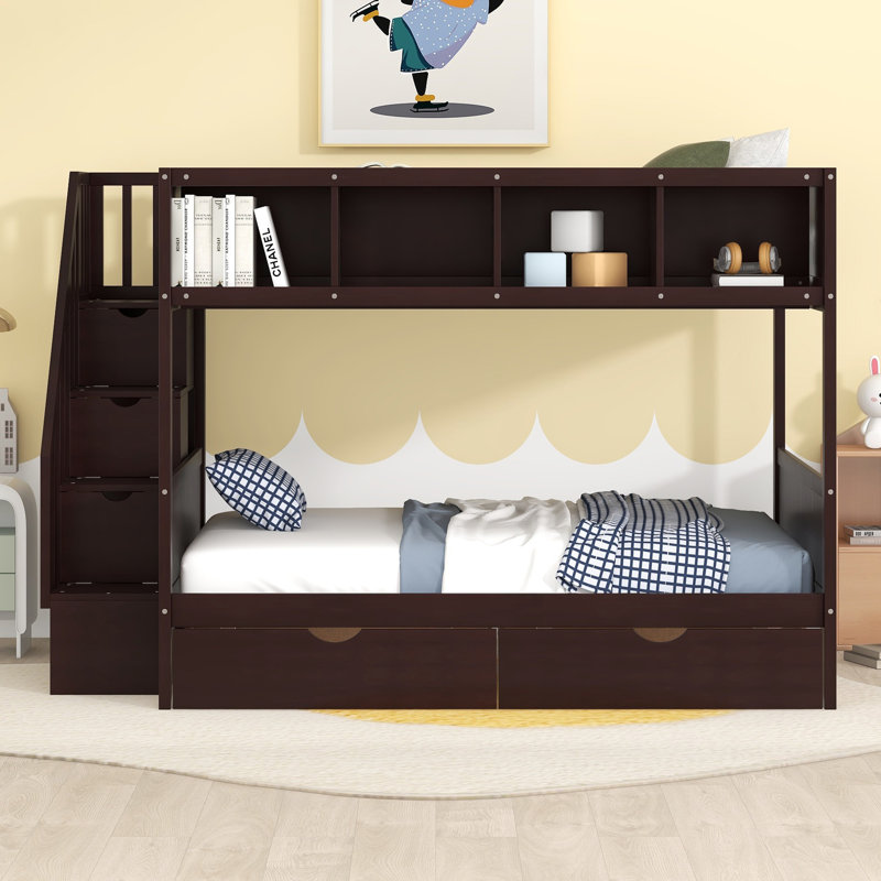 Lit simple superposé au dessus d'un lit double avec escalier de rangement, tablettes et 2 tiroirs, lit pour enfant en pin massif, espresso