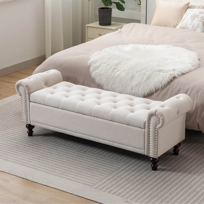 Velvet/Linen Upholstered Storage Bench With Segmented Storage Compartments, Beige