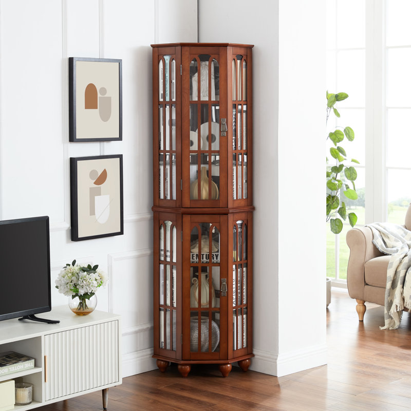 70.62"H Corner Curio Cabinet With Adjustable Glass Shelves And Solid Wood Legs, Walnut Color 4 Lighting,, Walnut