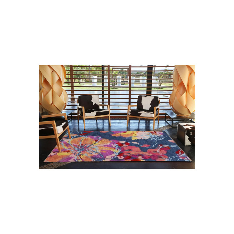 Tapis décoratif moderne multicolore bleu marine à motif floral, Square 3'3" Rug Pad Included