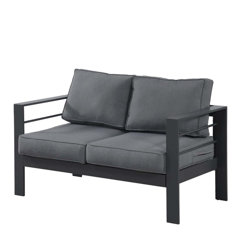 Premium All-Weather Aluminum Patio Loveseat with Plush Cushions, Dark Gray Cushion/Black Frame