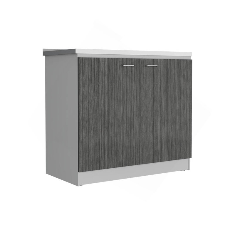 Évier autoportant, armoire à deux portes, deux tablettes, blanc / gris clair, Blanc / chêne fumé