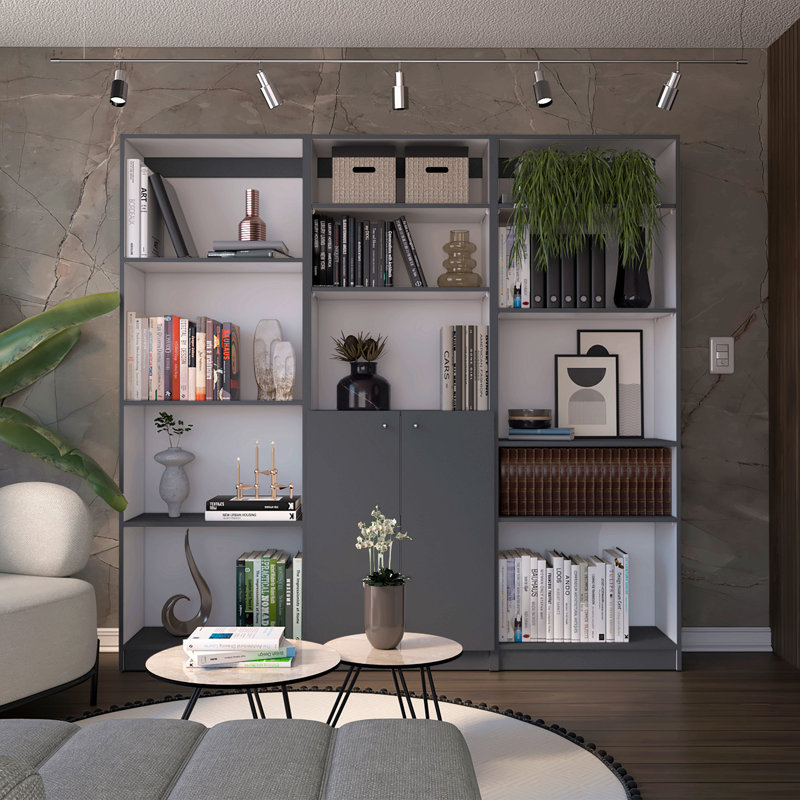 Ensemble de bibliothèque 3 pièces, large de 74 po avec 12 tablettes et 2 portes, ensemble de salon gris mat / blanc