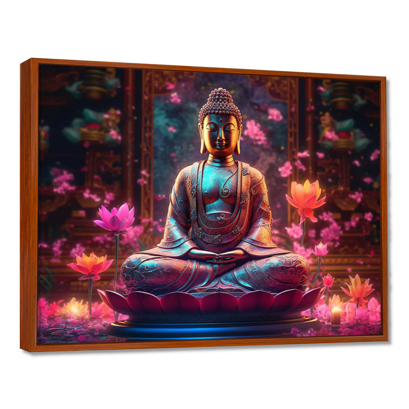 Starlight Buddha I - Décoration murale paysage religieux, H 16 po x l 32 po x P 1 po, Cadre flottant brun
