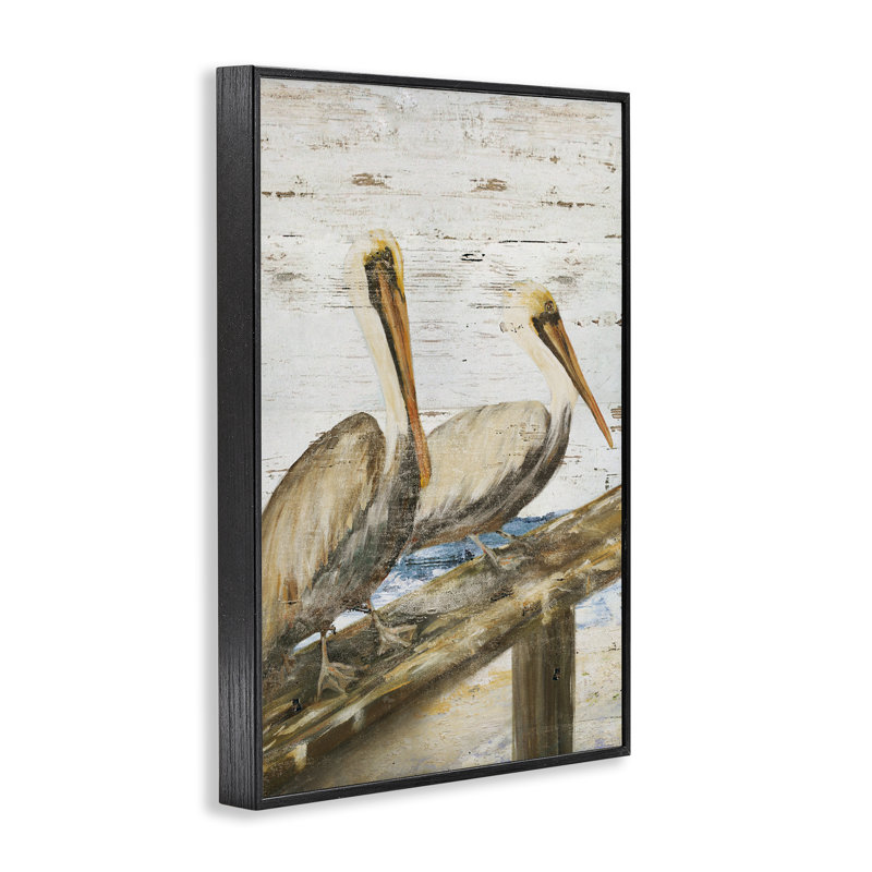 Pélicans rustiques, art perché par Julie DeRice, H 18 po x l 12 po, Giclée encadrée noir minuit