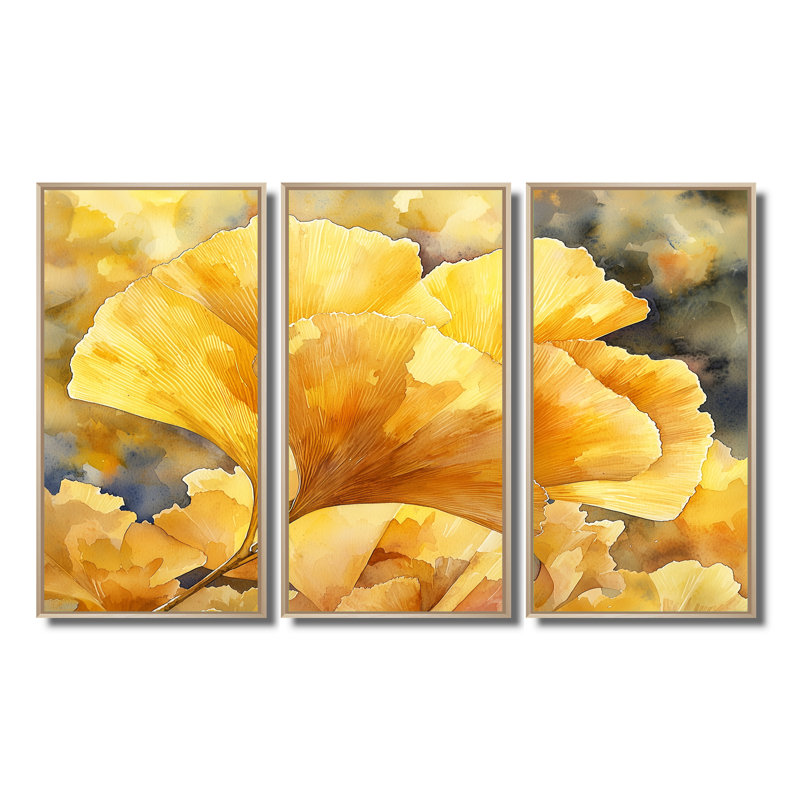 Golden Ginkgo Leaf II - feuilles, art mural - ensemble de 3, H 40 po x l 60 po, Impression encadrée sans passe-partout
