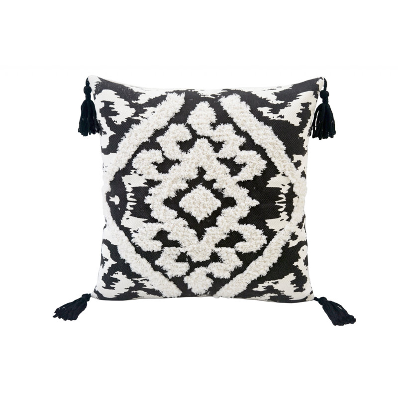Coussin en coton et en damas avec fermeture à glissière et pompons, H 17 po x l 17 po, Noir / blanc, Carré