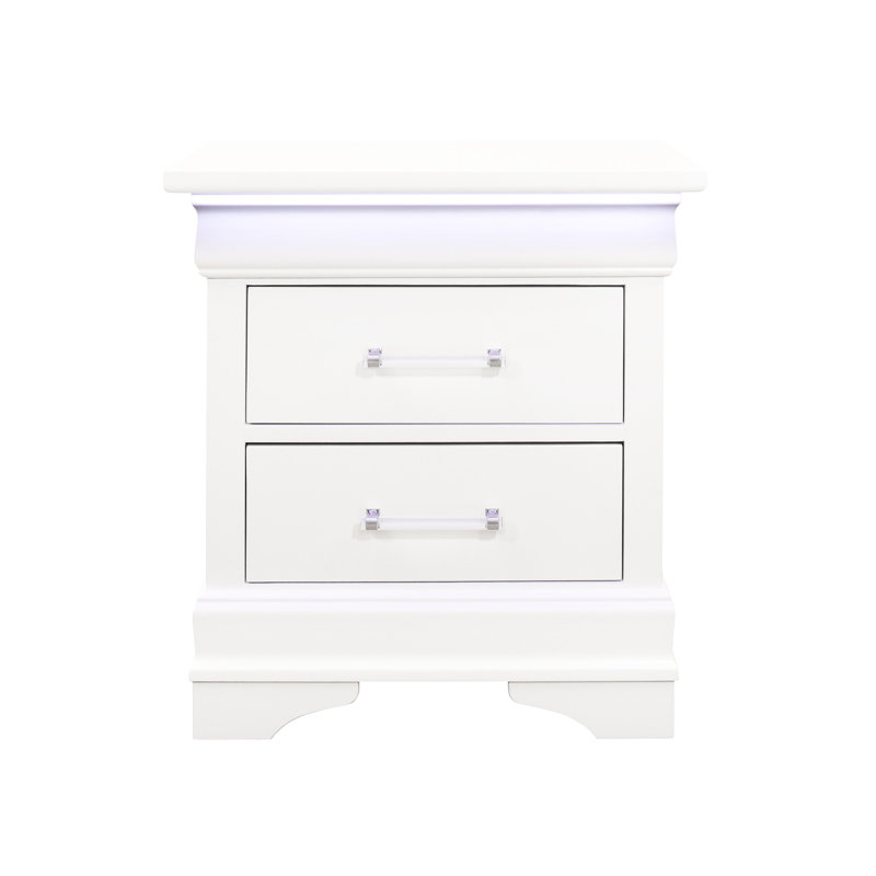 Led Nightstand With Design - White 2 Drawer Spacious Solid Wood + Bedside Stand