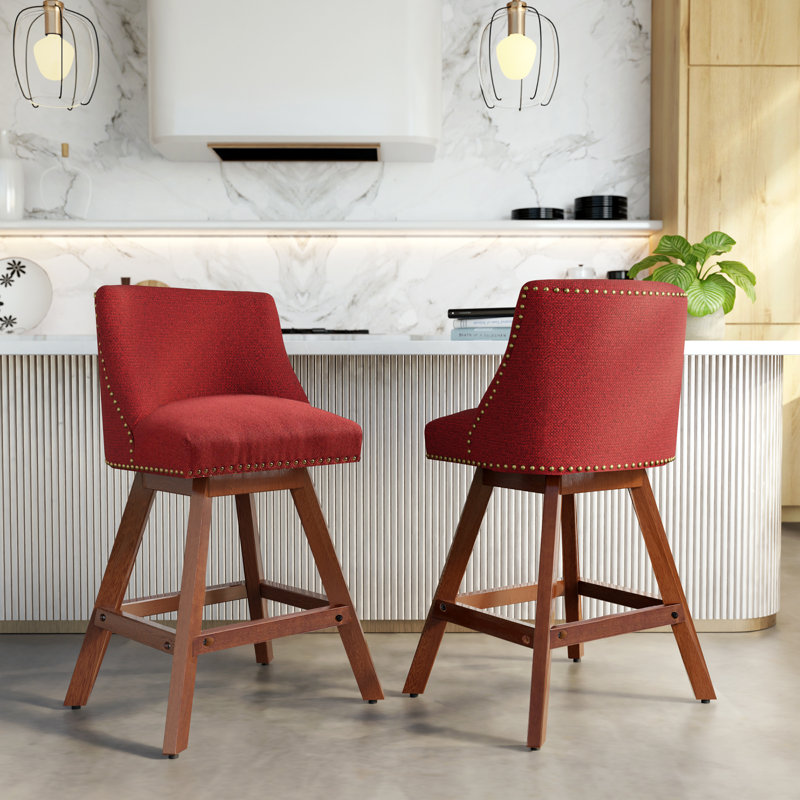 Upholstered Counter Height Swivel Bar Stools Thick Padded (Set of 2), Red