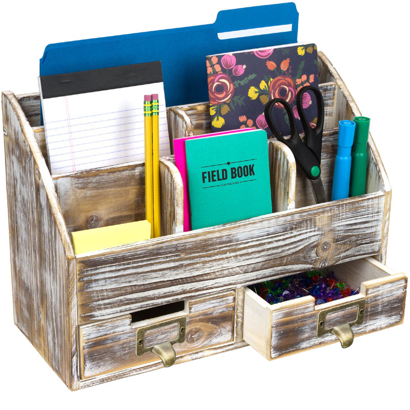 Rustic Brown Wood Multifunction Desk Organizer with Drawers