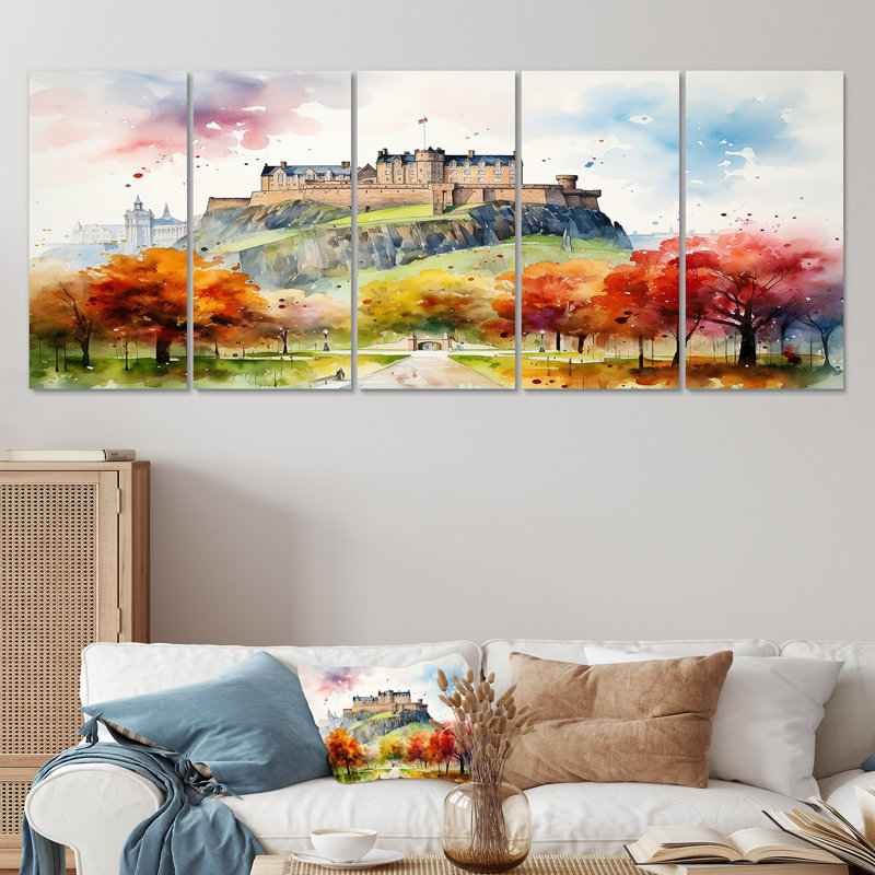 Art mural 5 pièces, "Forteresse médiévale en Angleterre I", H 32 po x l 80 po