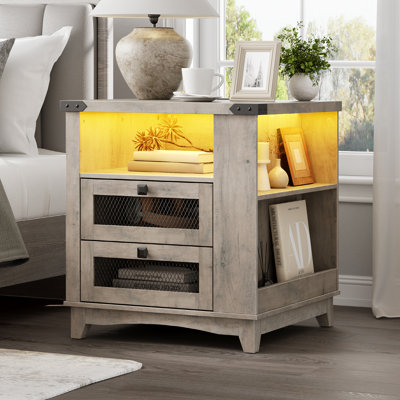 Farmhouse End Table with Charging Station, 23.6'' Large Sofa Side Table with LED Light and 2 Drawers, Square Nightstand with Side Shelves