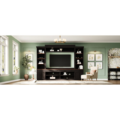 70 - Inch Tv 4 Piece , Walnut Stand, Mid Century Black Entertainment Unit With Adjustable Shelf And Wine Compartment All In One Media Center For Tvs, Tabletop, Base, Multiple Drawers Storage