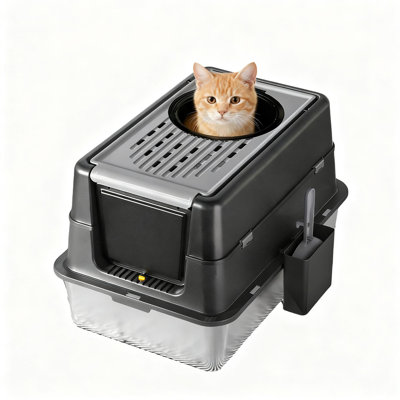 XL Stainless Steel Cat Litter Box, Metal Litter Box with High Sides Lid, Non-Stick Leak-Proof Tray, Anti-Slip Rubber Bottom, Easy to Clean, Includes Litter Scoop – Deep, 60x40x38.5CM