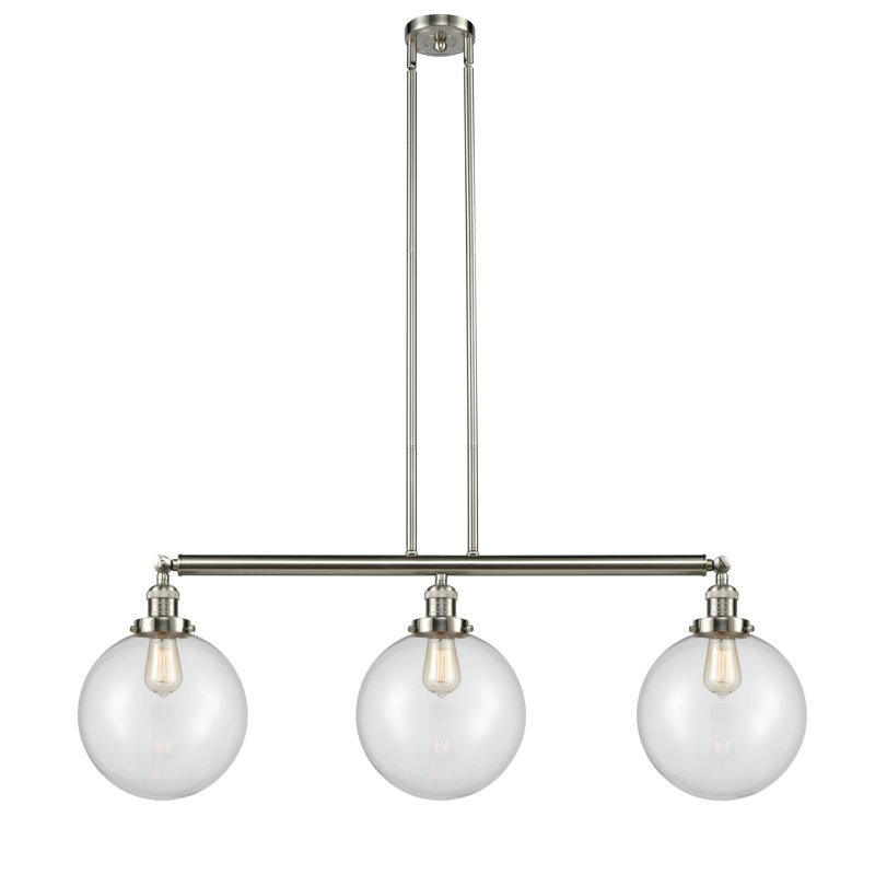 Luminaire suspendu linéaire à 3 lumières pour îlot de cuisine Lehmann, Transparent, Ampoule non incluse, Nickel satiné brossé