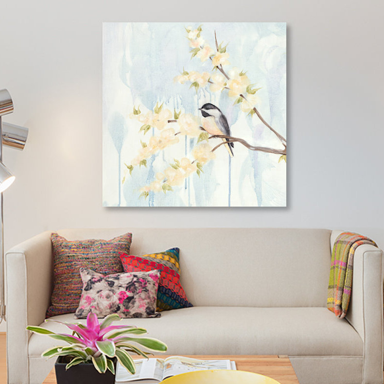 « spring chickadeess i », impression sur toile, H 12 po x l 12 po x P 1,5 po, Toile tendue, Pas de tapis