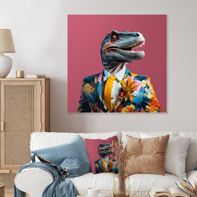 Jaune et rose, premier habillé de dinosaure - art mural dinosaure, H 36 po x l 36 po x P 1,5 po