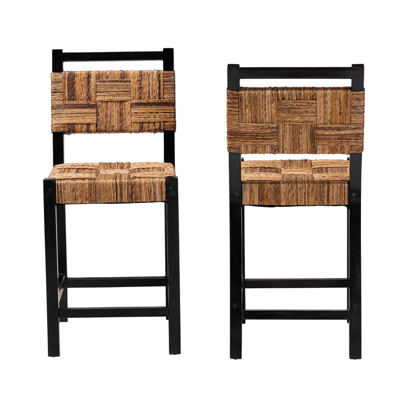 Bali & Pari Raniya Seagrass Counter Stool Set Of 2 - Solid Mango Wood Frame With Woven Seat And Backrest, Rustic Boho Style Dining Or Kitchen Island Seating, Black