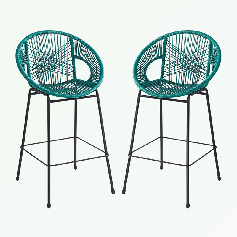Outdoor Patio Faux Wicker Barstool Set of 2  with metal legs, Teal