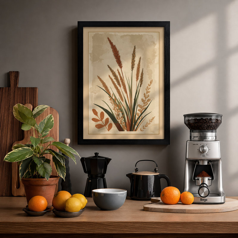 Dried Grasses Study Botanical - Framed Print, A2 - 59.4 x 42.0 cm, Black