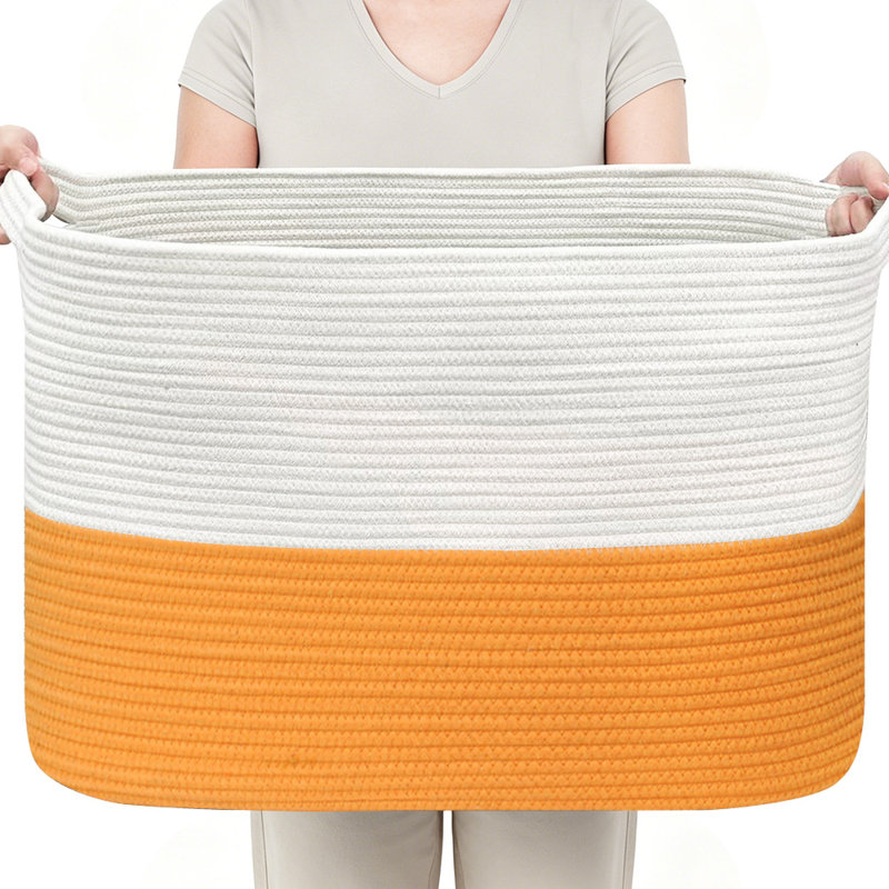 Ebern Designs 16" Tall Cotton Rope Storage Basket - 62L Large Woven Laundry Hamper for Blankets, Toys & Nursery, Foldable Decorative Bin with Reinforced Handles