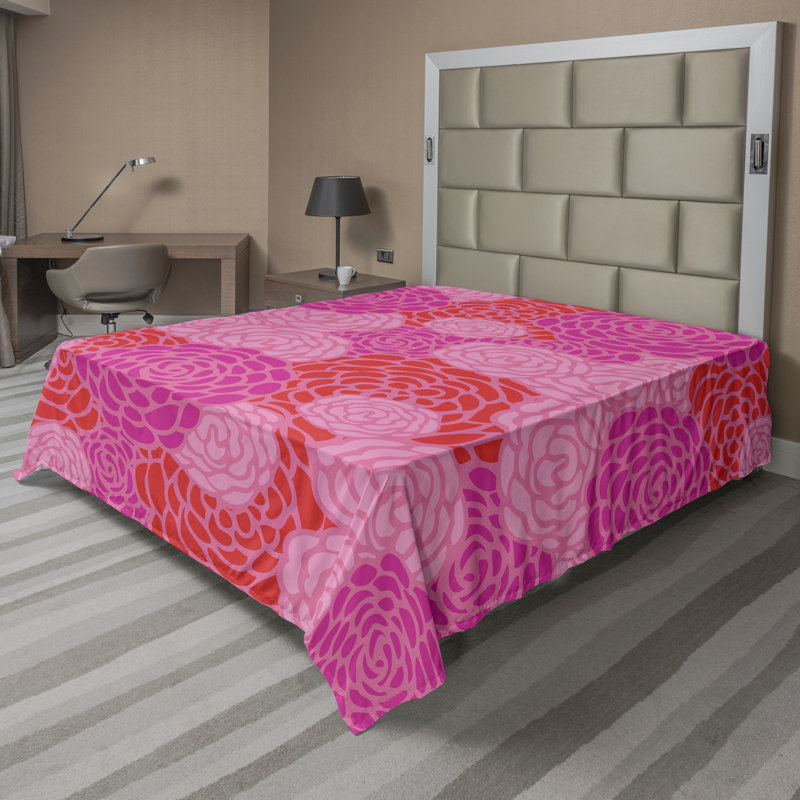 Drap plat moderne de style bohème Ambesonne, Drap plat grand, Rose vif / motif floral corail foncé