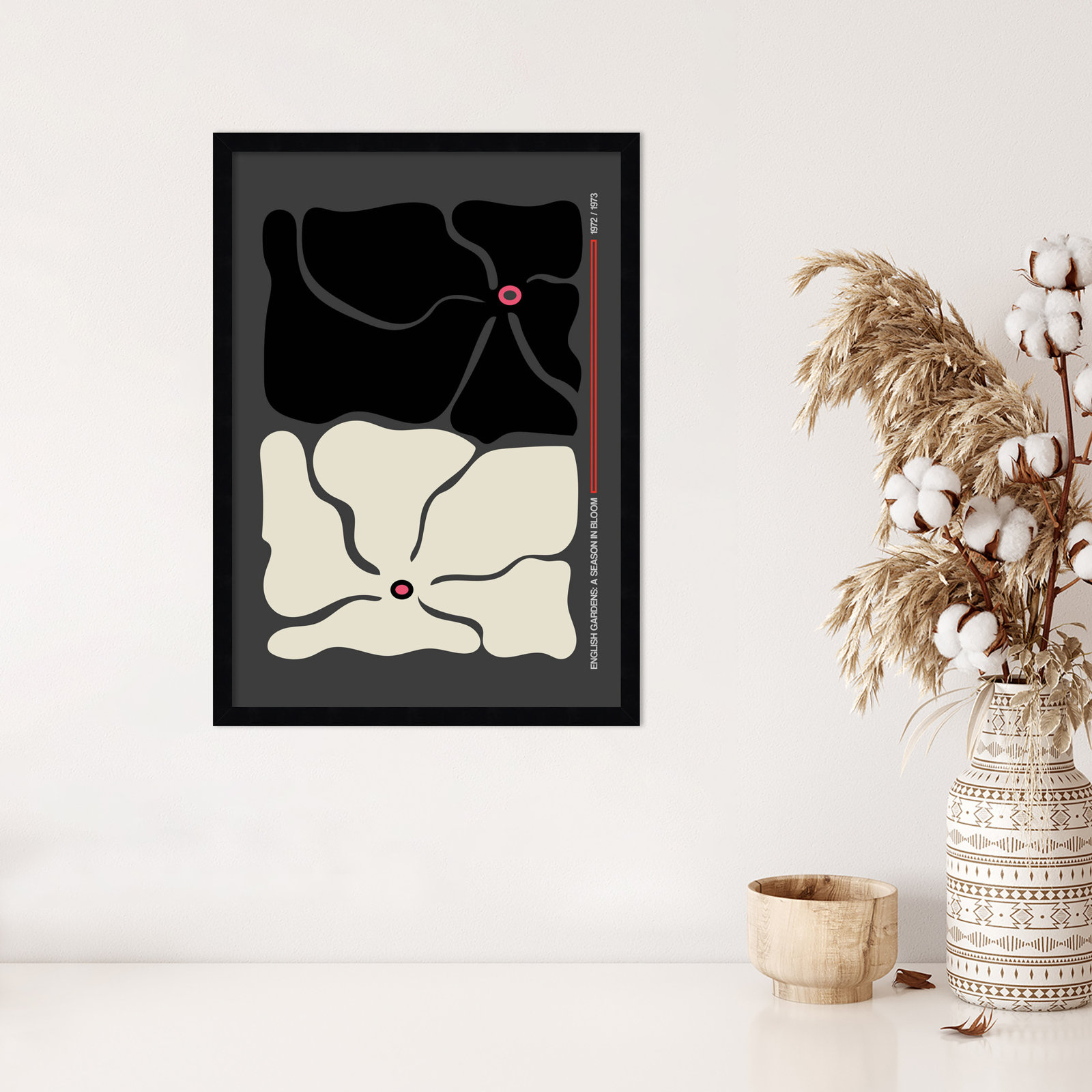 Two by Two Flower Grey Print, Black, 25" H x 18" W x 1" D