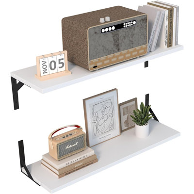 Large Wall Shelves, 31.5" W x 9.5" D Long Floating Shelves Set of 2, Wide Display Wood Shelf Wall Mounted with Heavy-Duty Metal Brackets for Bedroom Books, Living Room, Kitchen, White