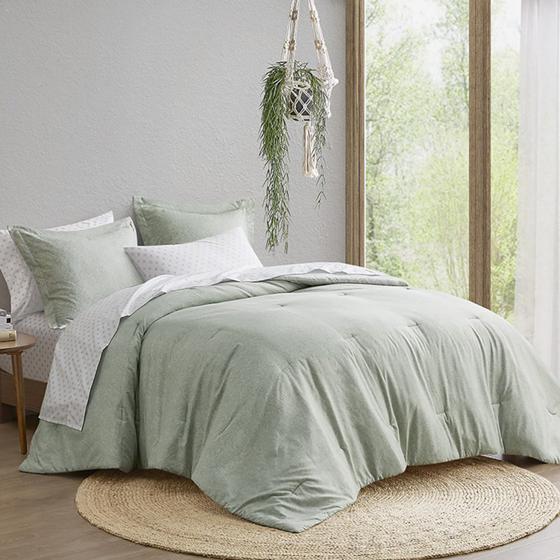 Camden Chambray Print Microfiber Comforter Set With Bed Sheets, Green, Queen Comforter + 6 Additional Pieces