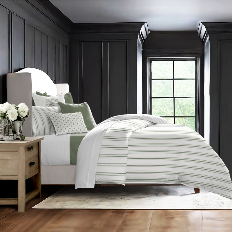 August Stripe Reversible Cotton Duvet Cover Set, Twin Duvet Cover + 2 Standard Shams, Sweet Grass